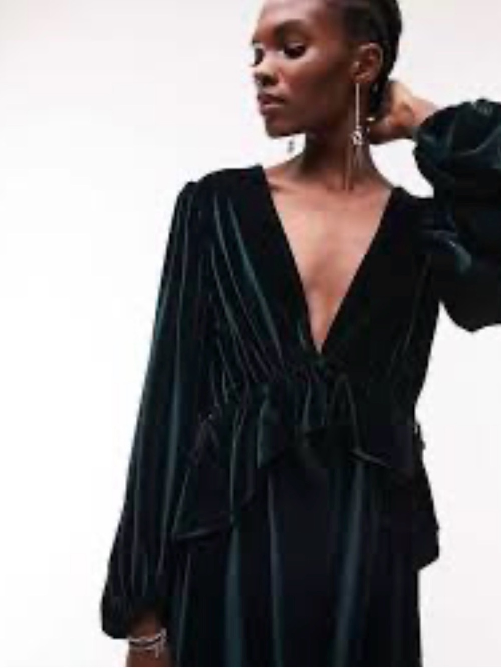 Topshop Black Velvet Long-Sleeve Ruffle Wrap Dress